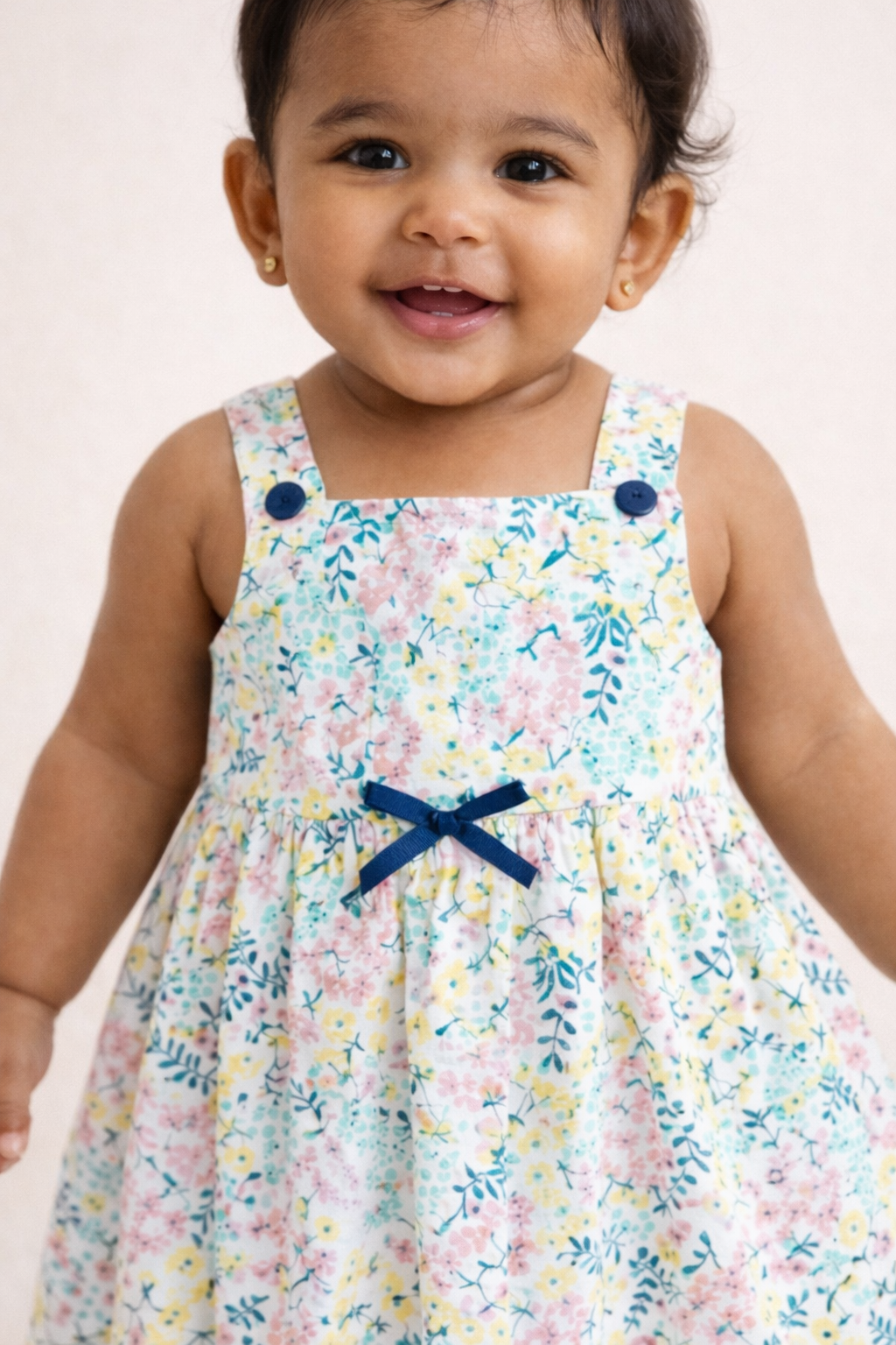 Close-up of girls floral woven sleeveless cotton frock with floral print and front bow detail
