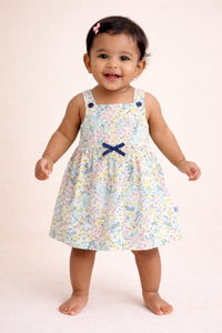 Girl wearing a floral woven sleeveless cotton frock with bow detail on the front