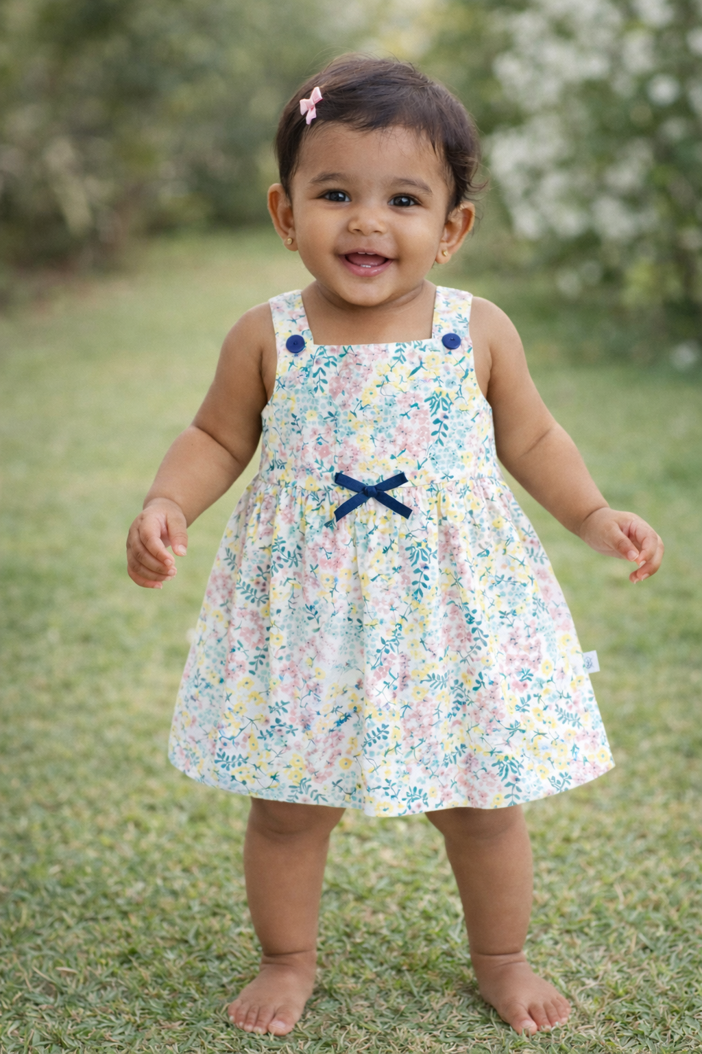 Girl wearing a floral woven sleeveless cotton frock with bow detail standing outdoors