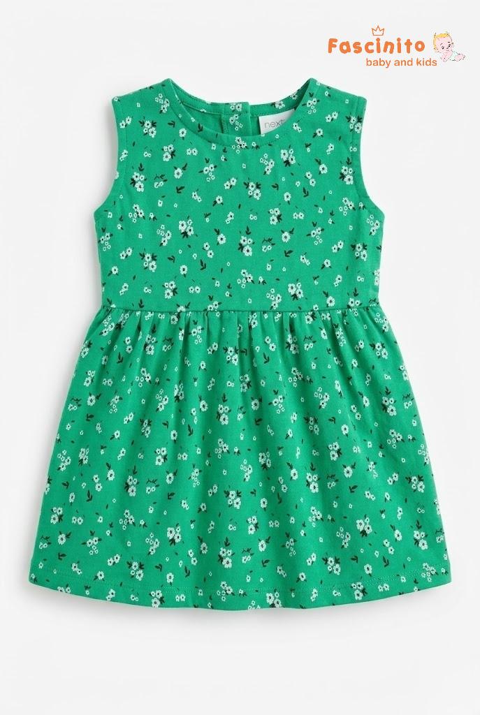 reen sleeveless floral frock for girls on white background