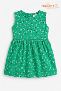 reen sleeveless floral frock for girls on white background