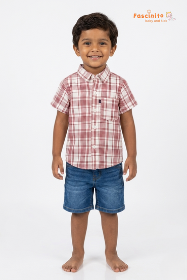 Front view of boys red and white checkered cotton shirt on white background