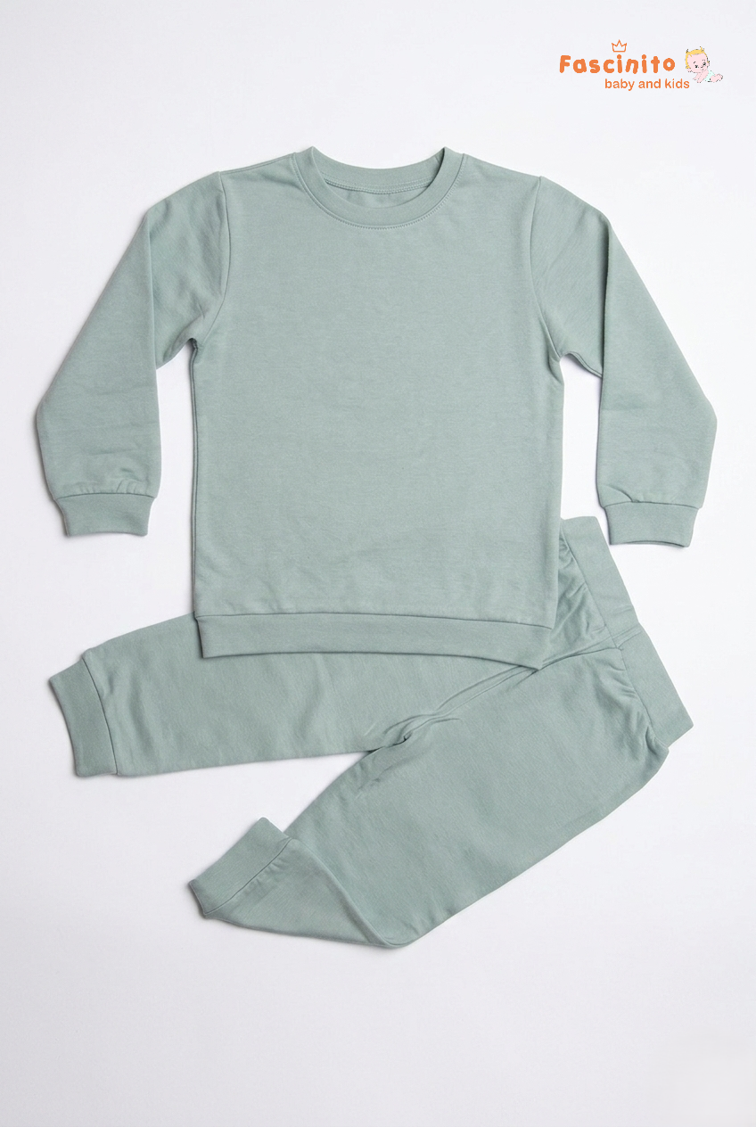 Back view of kids sage green cotton pyjama set by Fascinito