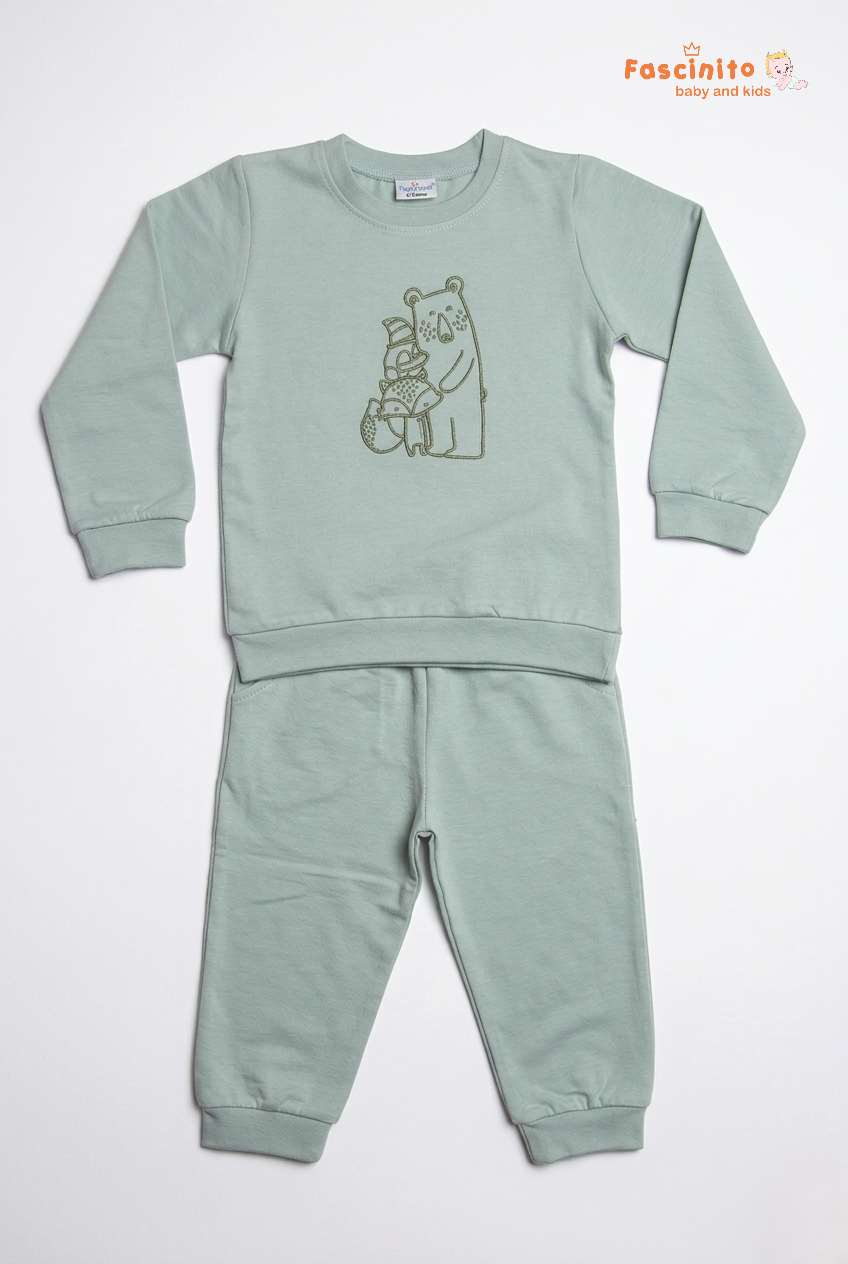 Kids sage green cotton pyjama set with bear print flat lay by Fascinito