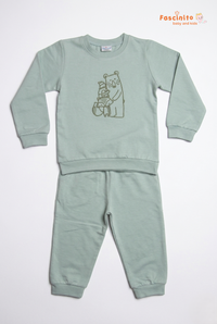 Kids sage green cotton pyjama set with bear print flat lay by Fascinito