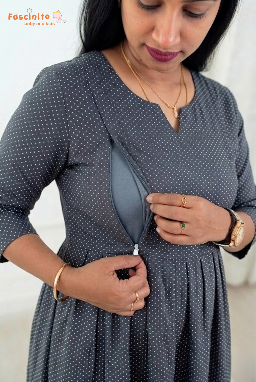 Close-up of feeding zip in blue dotted maternity nursing maxi dress by Fascinito