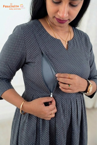 Close-up of feeding zip in blue dotted maternity nursing maxi dress by Fascinito