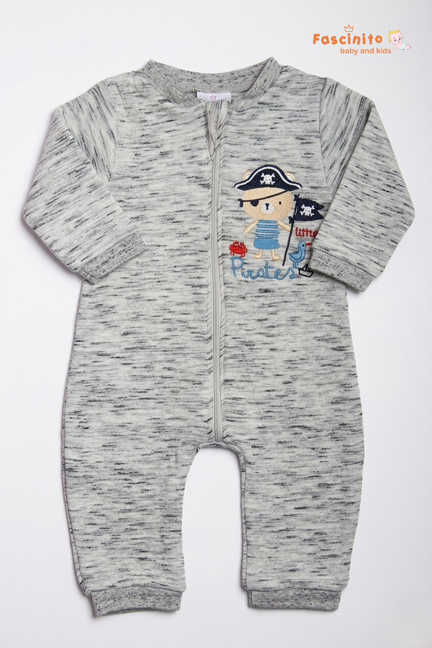 Front view of newborn grey cotton zip romper by Fascinito