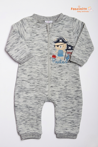 Front view of newborn grey cotton zip romper by Fascinito