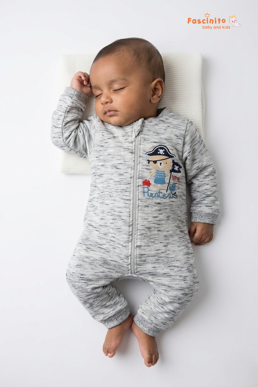 Sleeping baby wearing grey cotton zipper romper by Fascinito