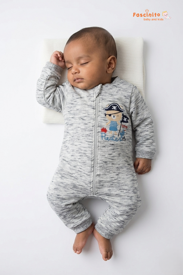 Sleeping baby wearing grey cotton zipper romper by Fascinito