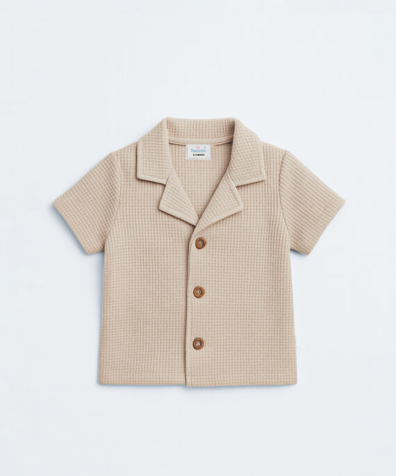 BEIGE WAFFLE-NOTCHED COLLAR T-SHIRT