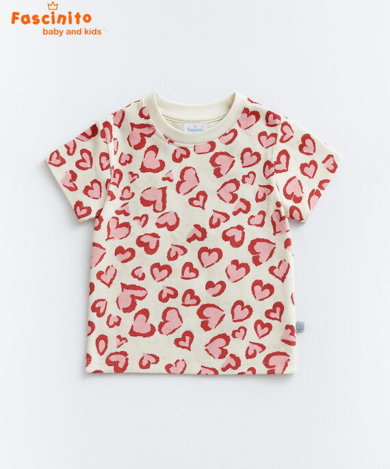 CREAM & RED HEART PRINT KIDS T-SHIRT