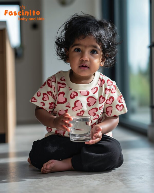 CREAM & RED HEART PRINT KIDS T-SHIRT