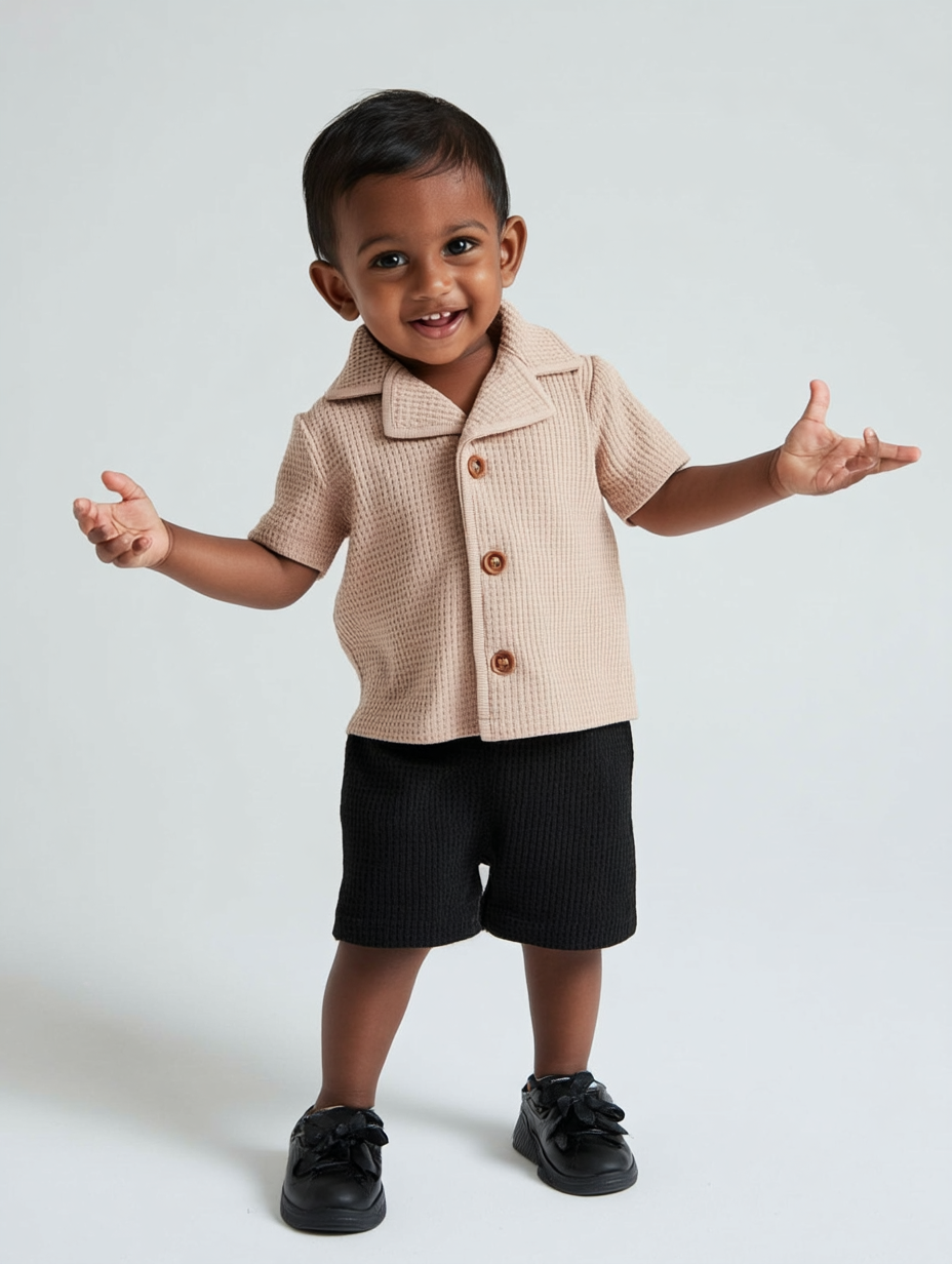 BEIGE WAFFLE-NOTCHED COLLAR T-SHIRT